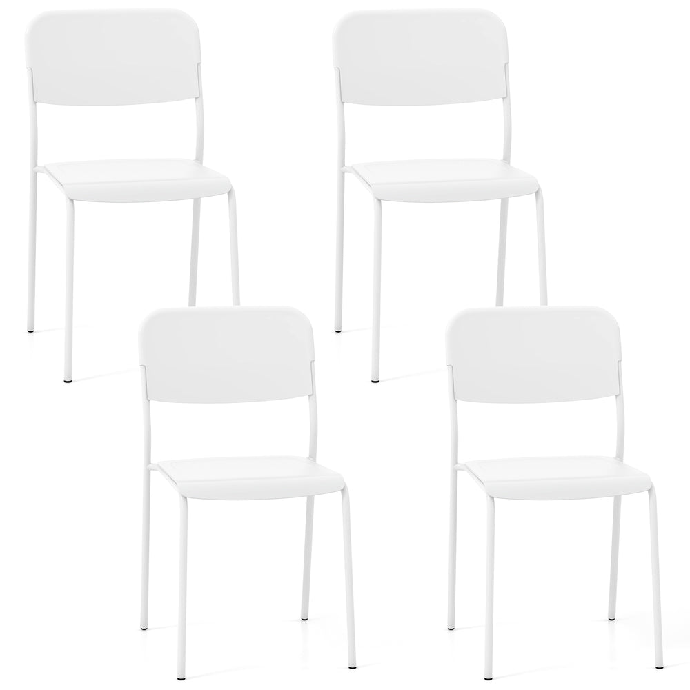 Set of 4 modern white dining chairs with tilted backrest and sturdy metal legs, ideal for indoor and outdoor use.