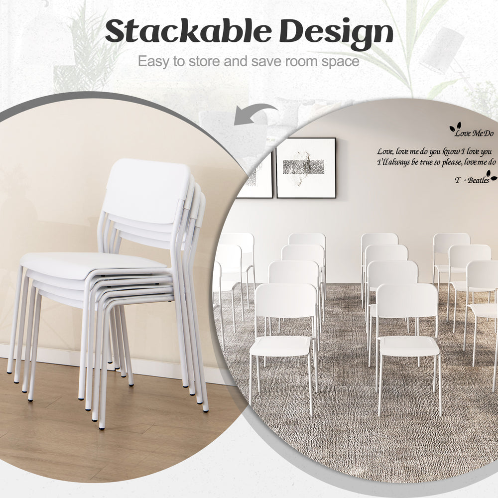 Stackable modern dining chairs set of 4 in white with sturdy metal legs and tilted backrest for comfort and.