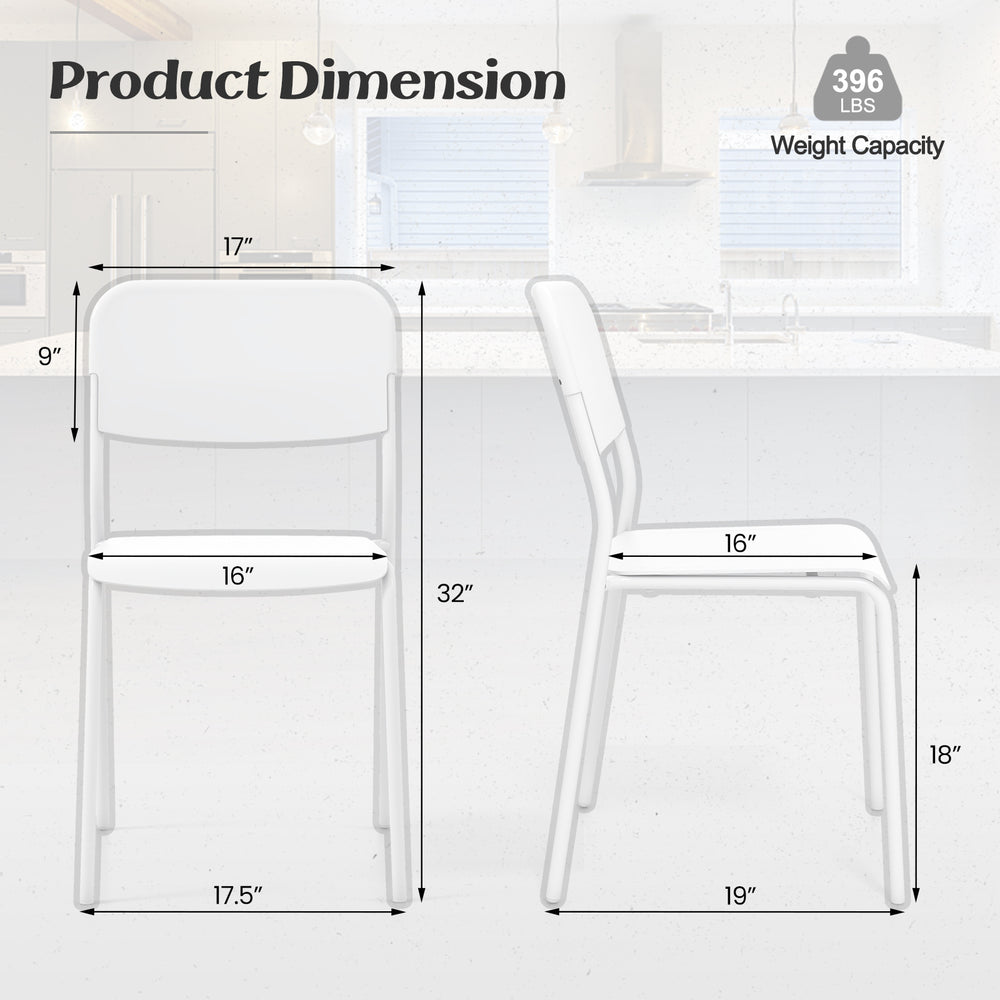 Side view of a white modern dining chair with tilted backrest, sturdy metal legs, and dimensions for indoor/outdoor use.