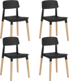 Set of 4 modern dining side chairs in black with ergonomic backrest and sturdy beech legs for dining rooms and cafes.