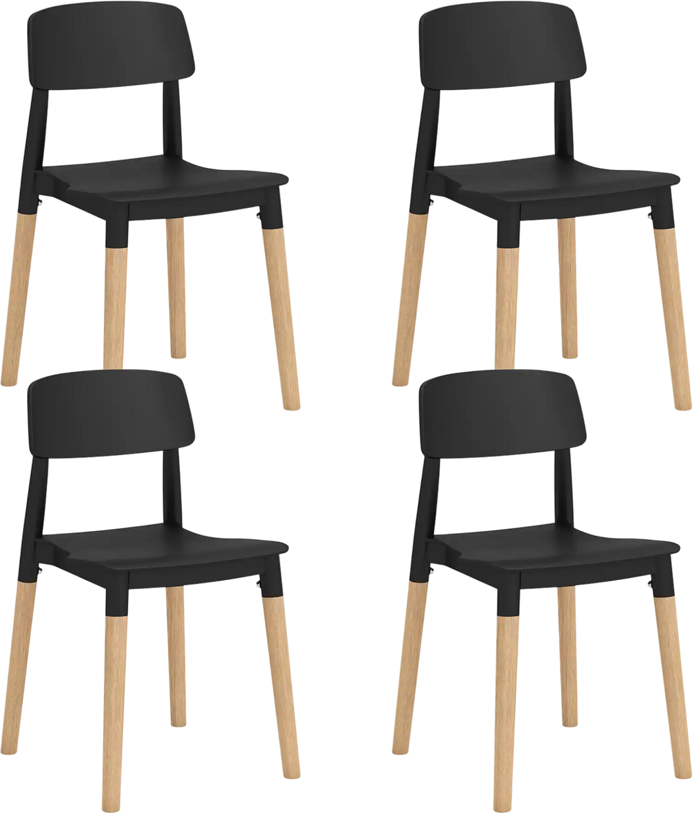 Set of 4 modern dining side chairs in black with ergonomic backrest and sturdy beech legs for dining rooms and cafes.
