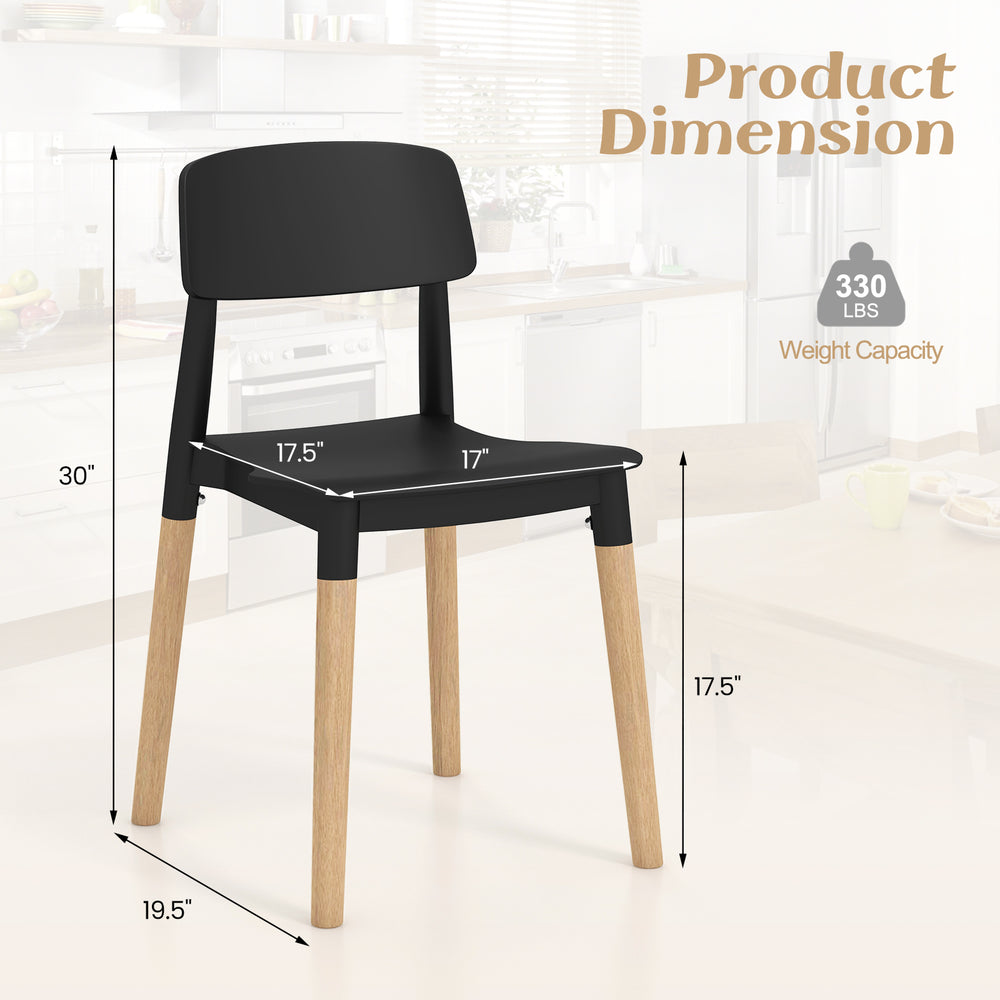 Black dining side chair with ergonomic backrest and beech legs, ideal for dining rooms and cafes. Dimensions shown.