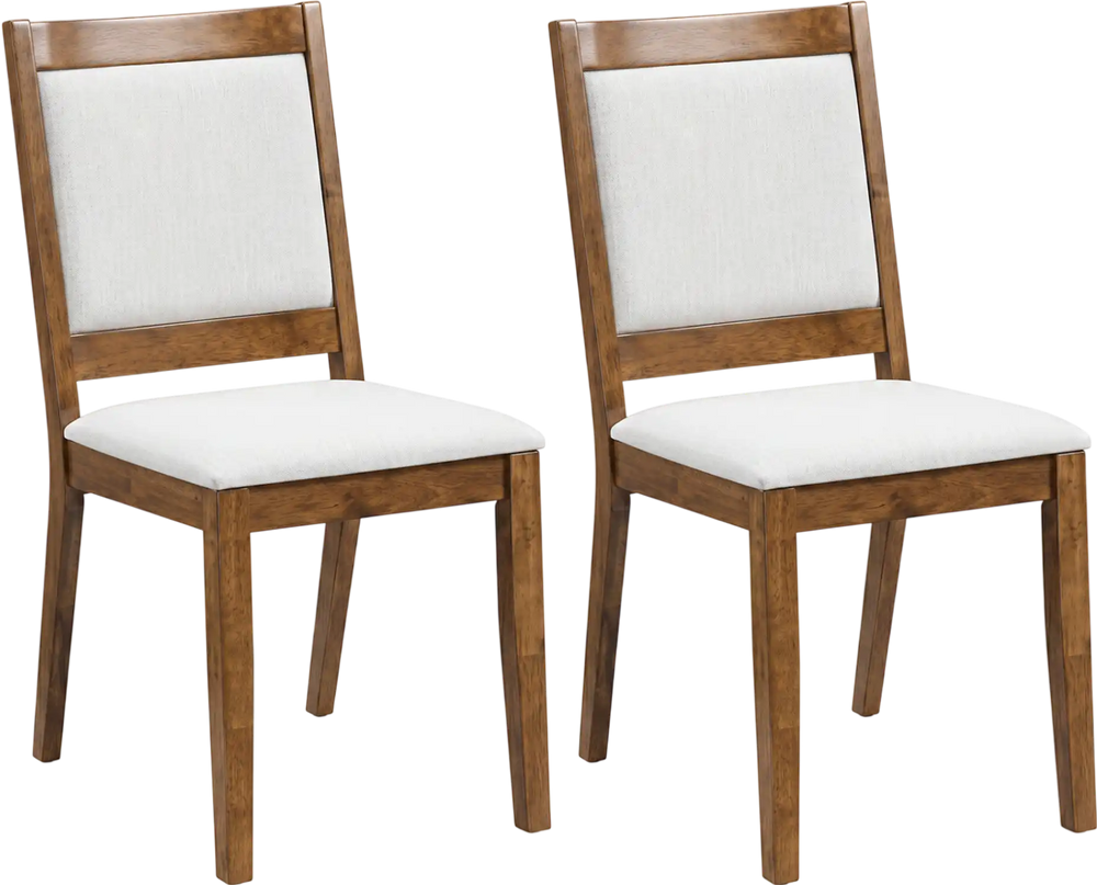 Set of 2 modern dining chairs with padded beige cushions and a durable brown rubber wood frame for stylish comfort.