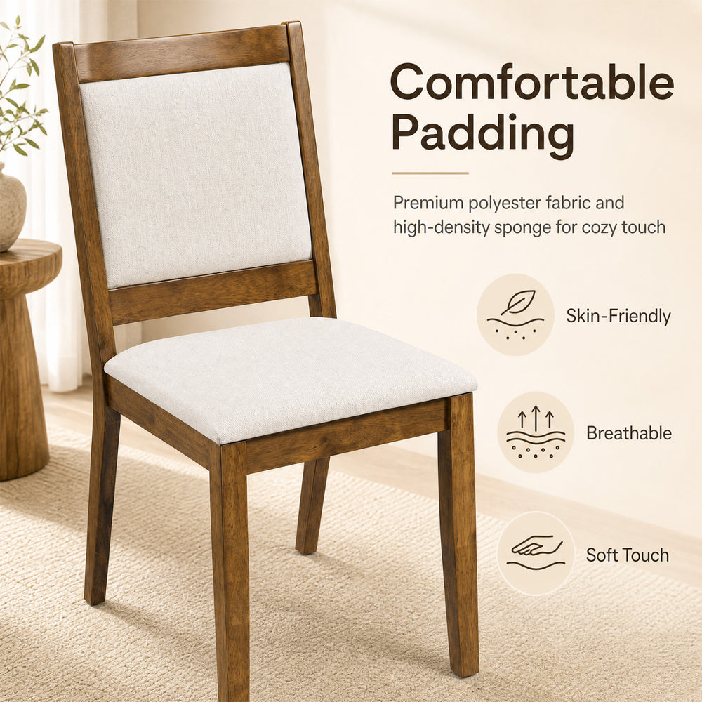 Modern dining chair with padded beige cushion and brown rubber wood frame, designed for comfort and stability in any space.