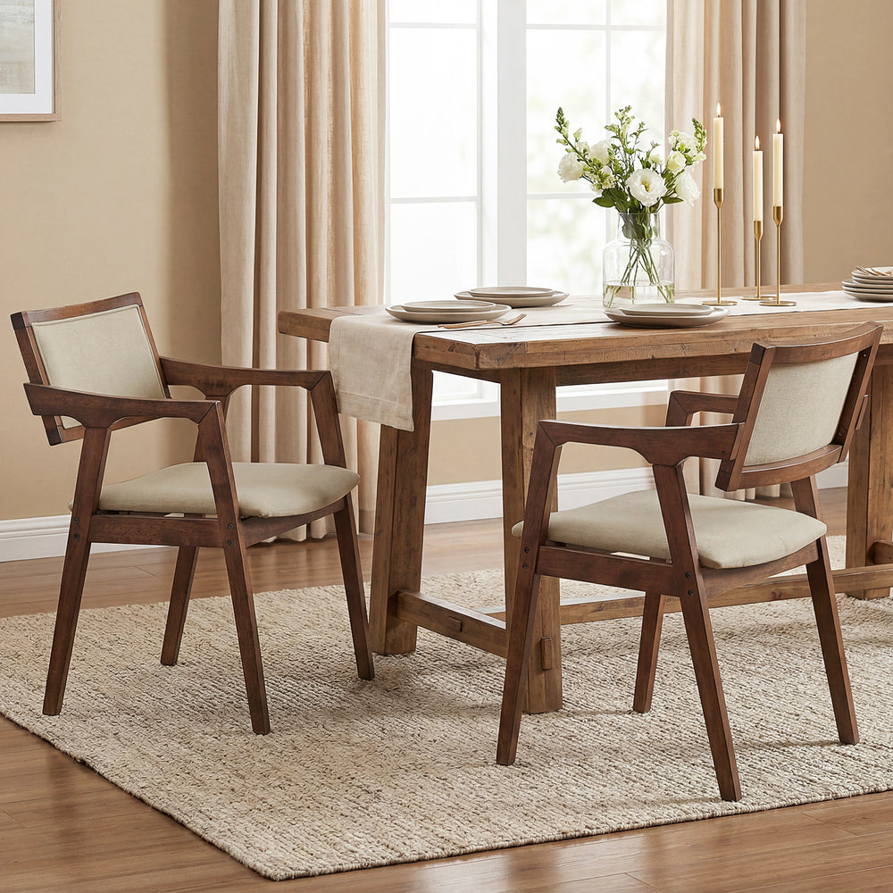 Set of 2 modern rubber wood dining chairs with beige fabric upholstery, featuring ergonomic support and smooth armrests.