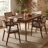 Beige upholstered dining chairs with arms, made of solid rubber wood, perfect for modern dining rooms and kitchens.