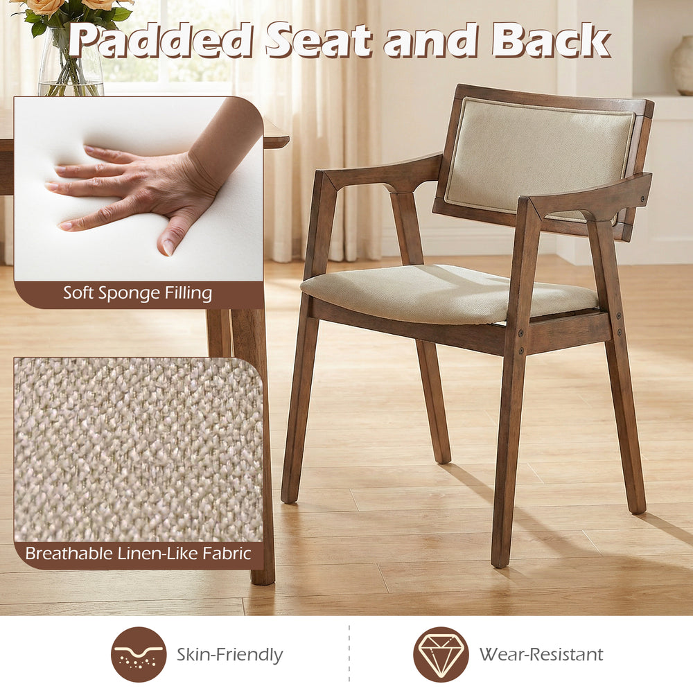 Modern rubber wood dining chair with padded seat and back, beige linen-like fabric, perfect for kitchen or dining room.