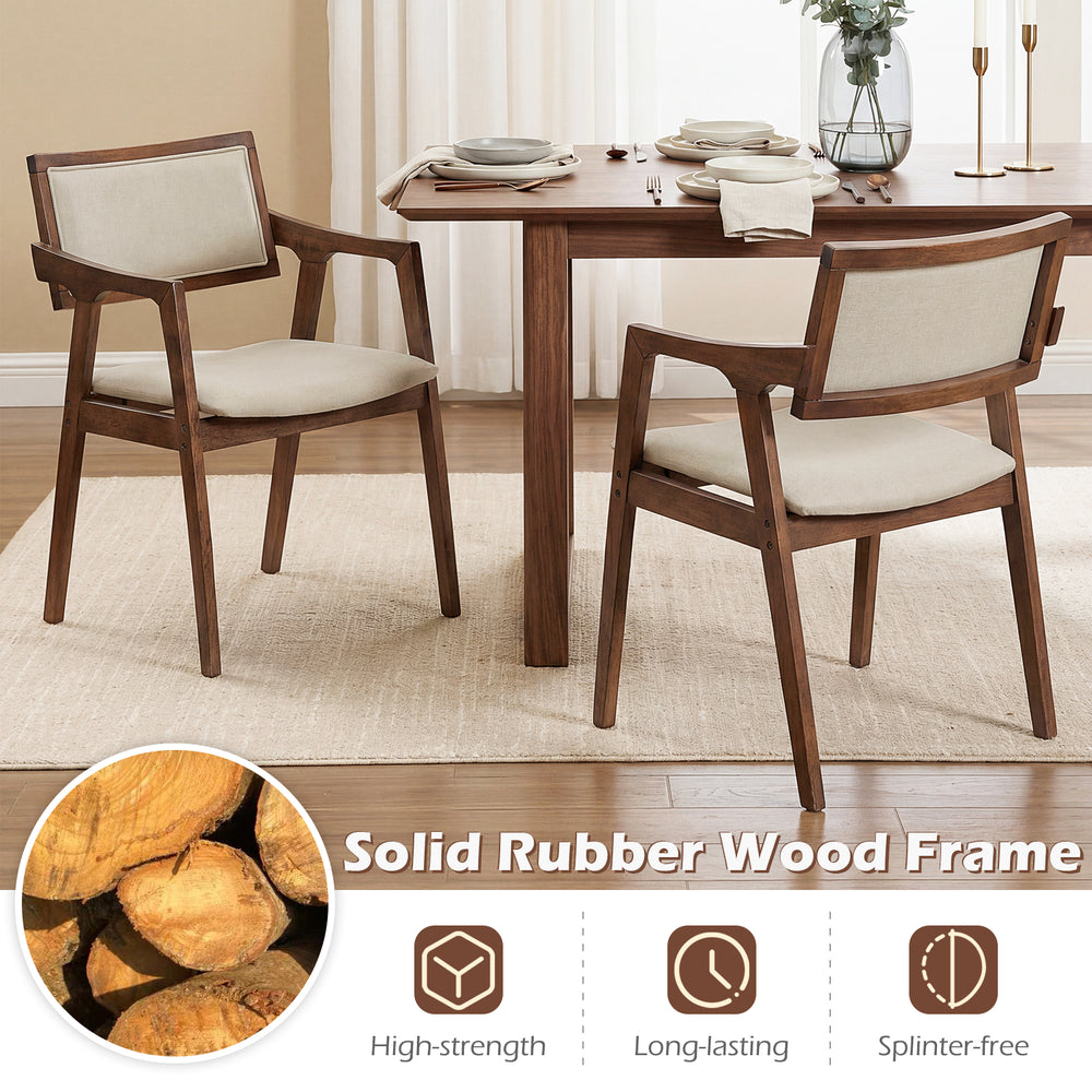 Modern beige upholstered dining chairs with solid rubber wood frame and armrests, perfect for kitchen or dining room.