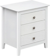 Modern farmhouse 3-drawer nightstand in white with wood grain accents, ideal for bedroom or living room storage.