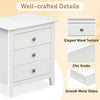 Modern farmhouse 3-drawer nightstand in white with elegant wood texture and chic knobs, ideal for bedroom storage.