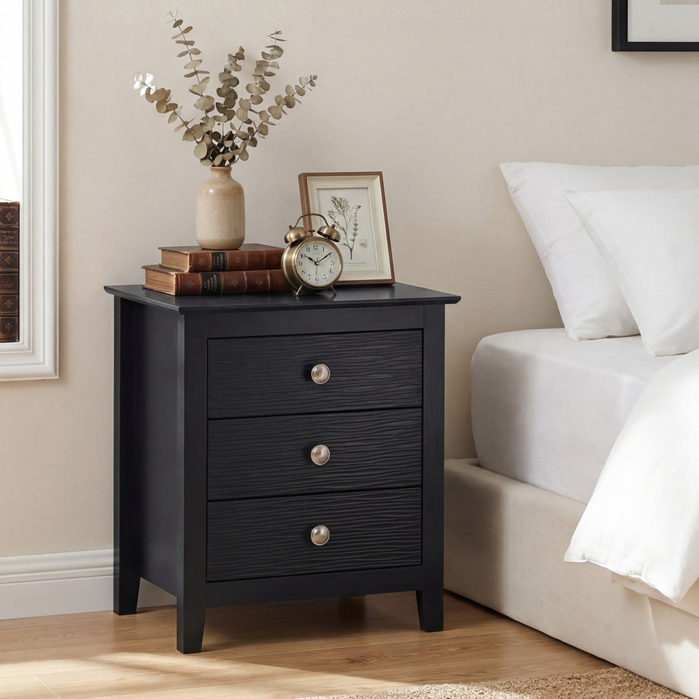 Modern Farmhouse 3-Drawer NightStand with Wood Grain Accents and Sleek Knobs-Black - Gallery View 1 of 8