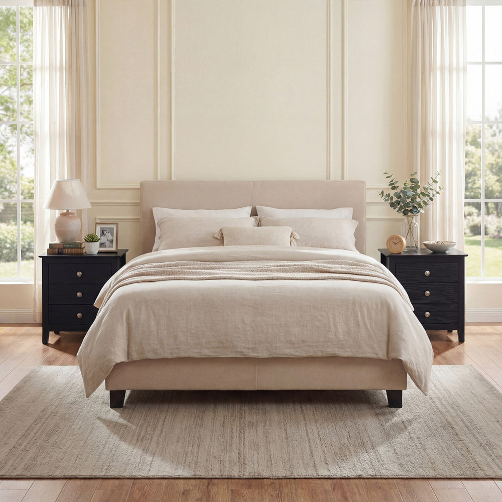Black 3-drawer nightstand with wood grain accents, spacious tabletop, and elegant design for bedroom storage.