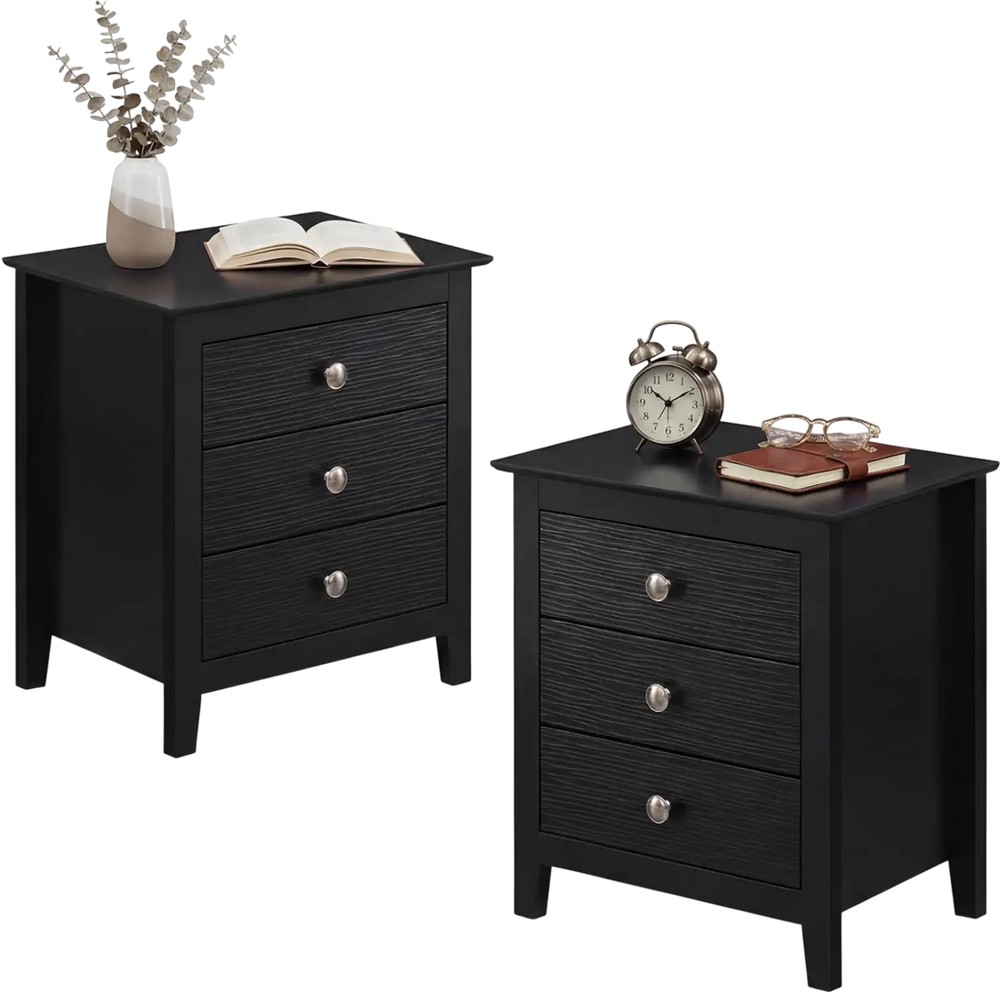 Black modern farmhouse 3-drawer nightstand with wood grain accents, perfect for bedroom storage and decor.