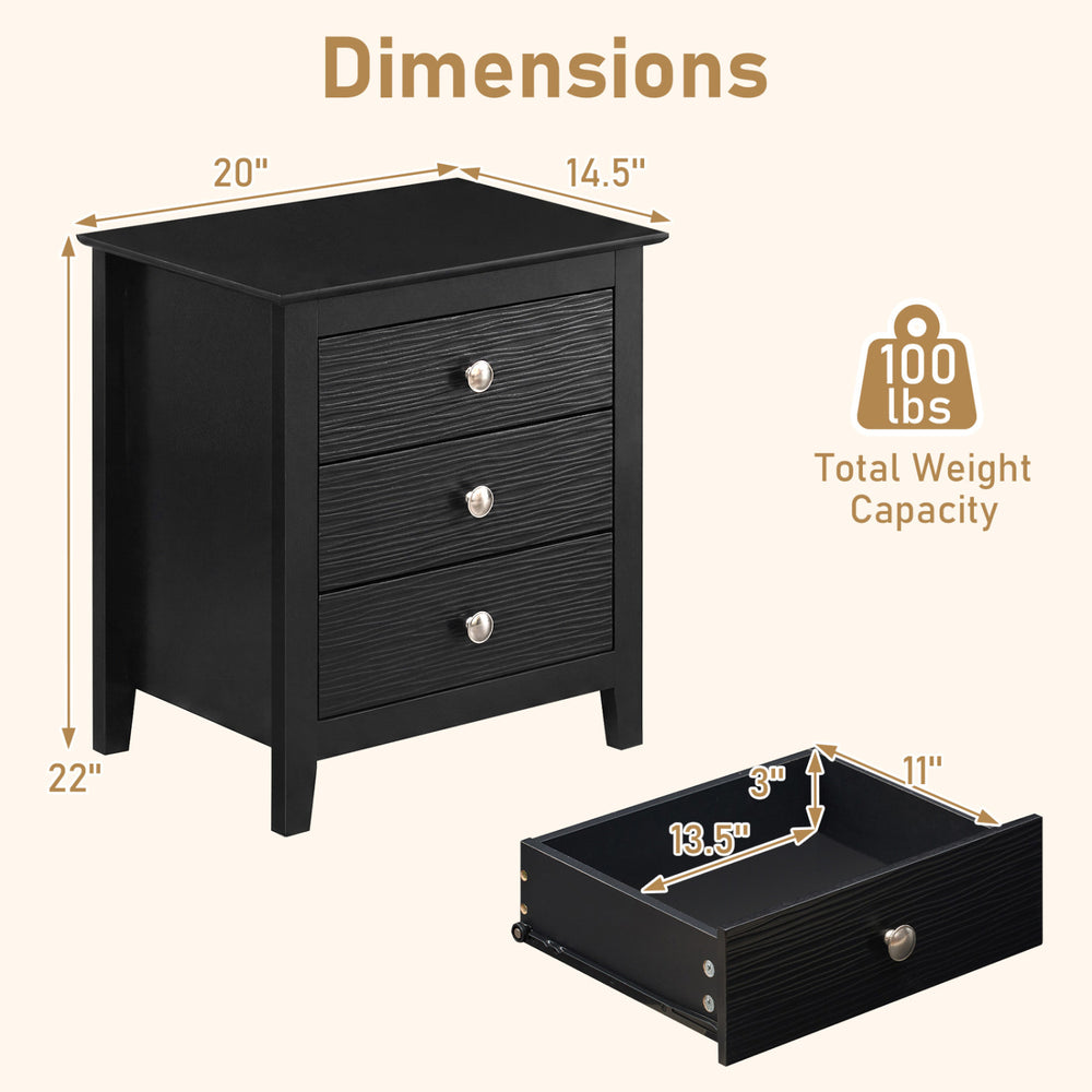 Modern Farmhouse 3-drawer nightstand in black with wood grain accents, featuring spacious drawers and sturdy support.