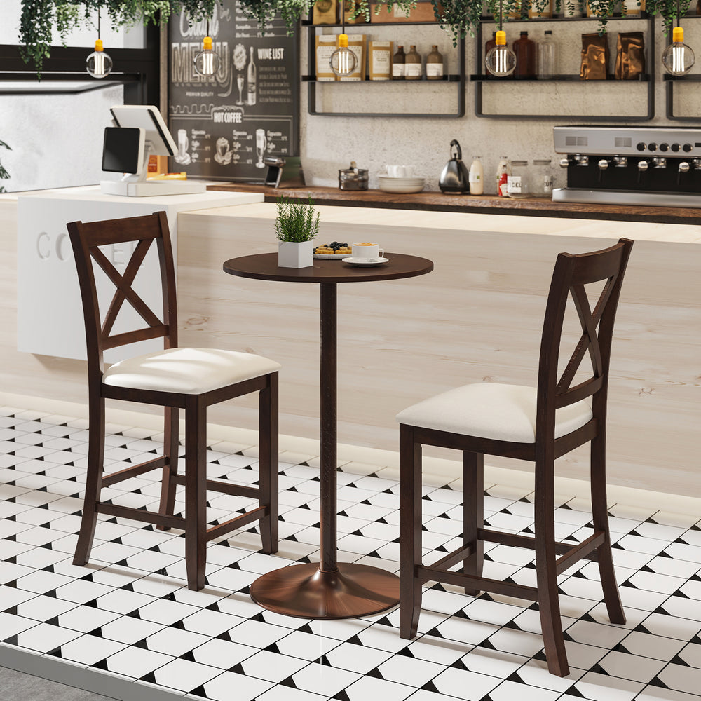 Counter height stools in walnut with cushioned seats and footrest, perfect for dining rooms and cafes.