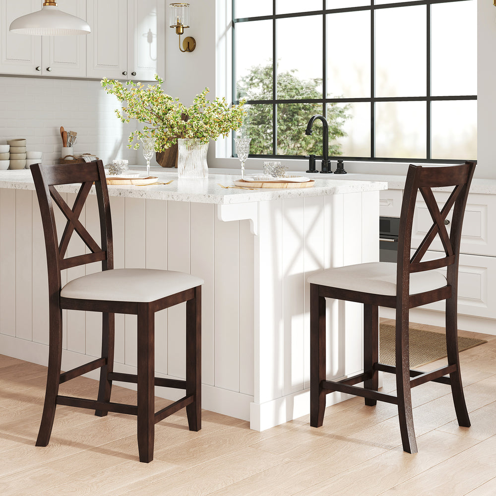 Counter height stools in walnut with cushioned seats and slatted backs, perfect for dining rooms and cafes.