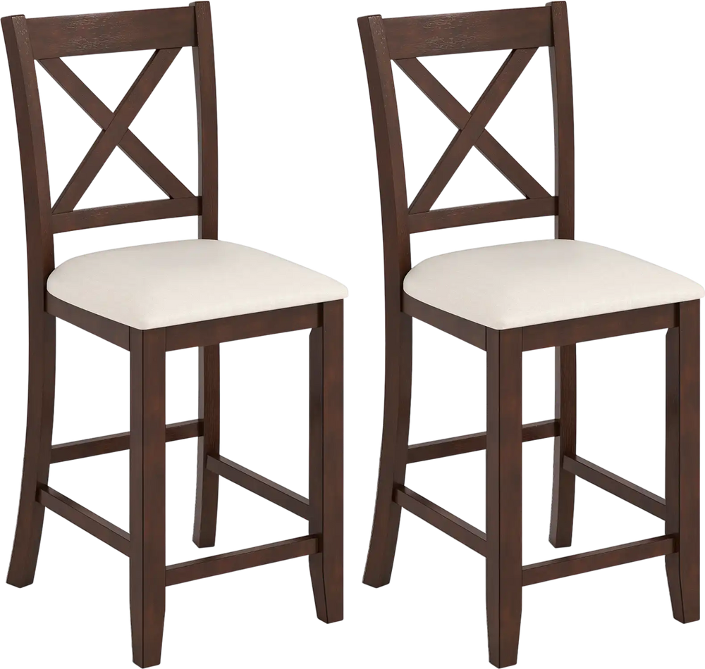 Set of two Modern Farmhouse counter height stools in walnut with cushioned seats, ideal for dining and bar areas.