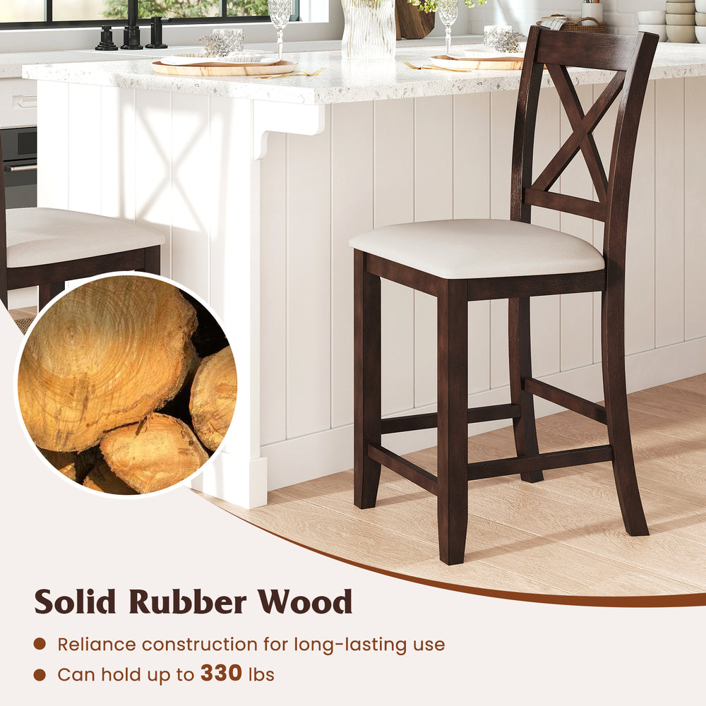 Modern farmhouse counter height stool in walnut with solid rubber wood, cushioned seat, and footrest for comfort.