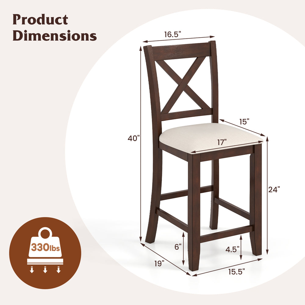 Counter height stool with slatted back, walnut finish, 24" seat height, and cushioned seat for comfort and support.