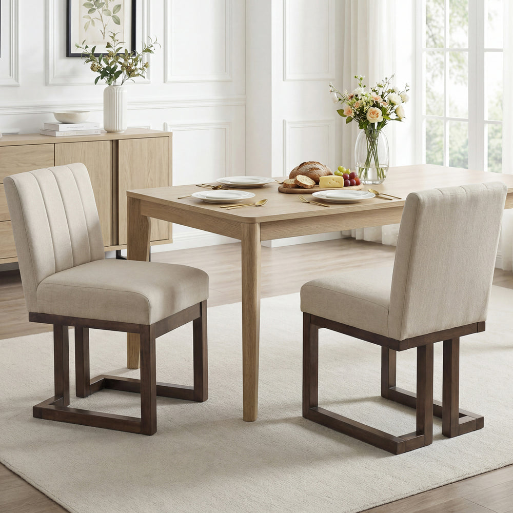 Set of 2 Modern Farmhouse dining chairs with walnut frame and thick padded seats, perfect for comfortable dining.