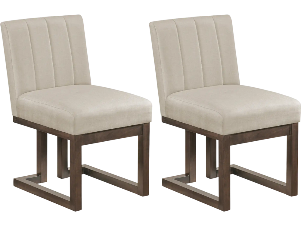 Front view of a modern farmhouse dining chair featuring a thick padded seat and walnut frame, ideal for stylish dining.