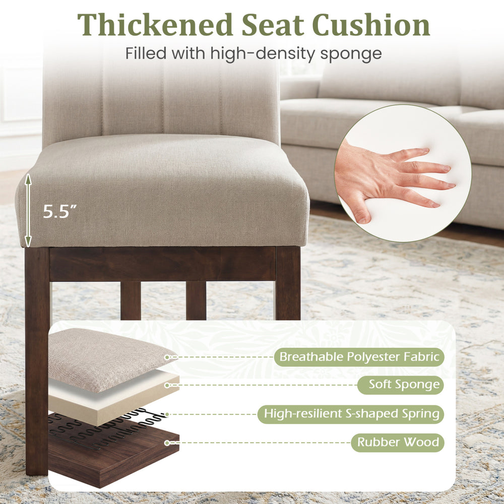 Modern farmhouse dining chair with 5.5" thick padded seat, breathable fabric, and walnut rubber wood frame for comfort.