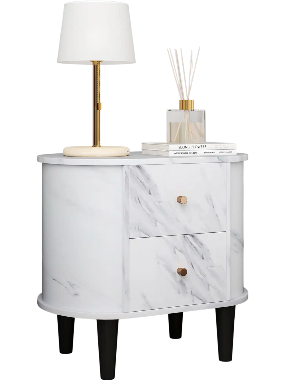 Modern 2-drawer nightstand with faux marble surface, black legs, and spacious tabletop for bedroom or living room.