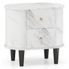 Modern faux marble nightstand with two drawers and sturdy black legs, perfect for bedroom or living room storage.