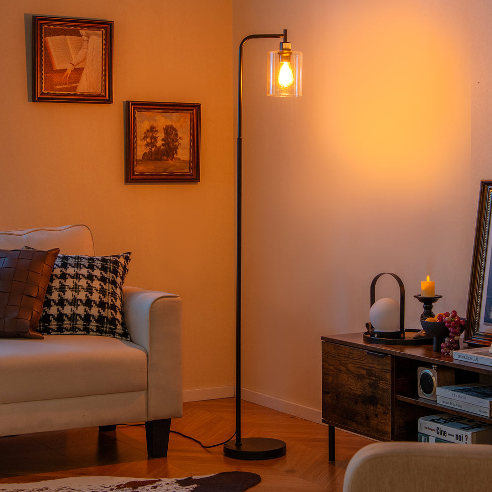Modern Floor Lamp with Hanging Glass Lampshade and Foot Switch-Black - Gallery View 1 of 10