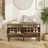 Modern freestanding shoe cabinet with natural wood grain, featuring 2 flip drawers and adjustable shelves for entryway.