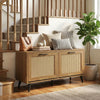 Modern freestanding shoe cabinet with natural wood grain, woven rattan texture, and two flip drawers for entryway.