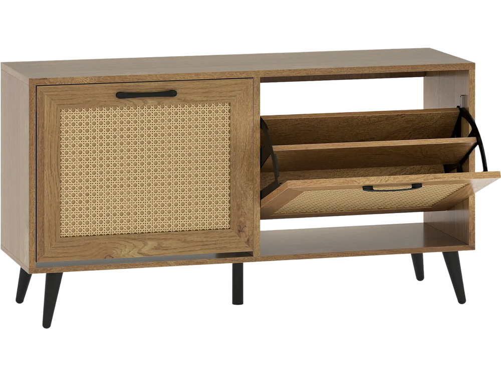 Modern freestanding shoe cabinet with a smooth surface and convenient handles, featuring woven rattan texture for a.