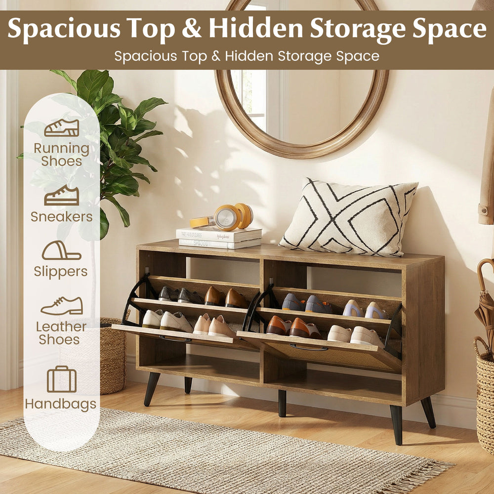 Modern freestanding shoe cabinet with two flip drawers and adjustable shelves, featuring natural wood grain for stylish.