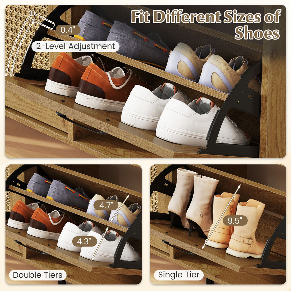 Adjustable double-layer shelves of the modern shoe cabinet showcase various shoe sizes, featuring natural wood grain.