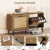 Close-up of the modern shoe cabinet's woven rattan texture and convenient handles, enhancing boho charm for entryways.