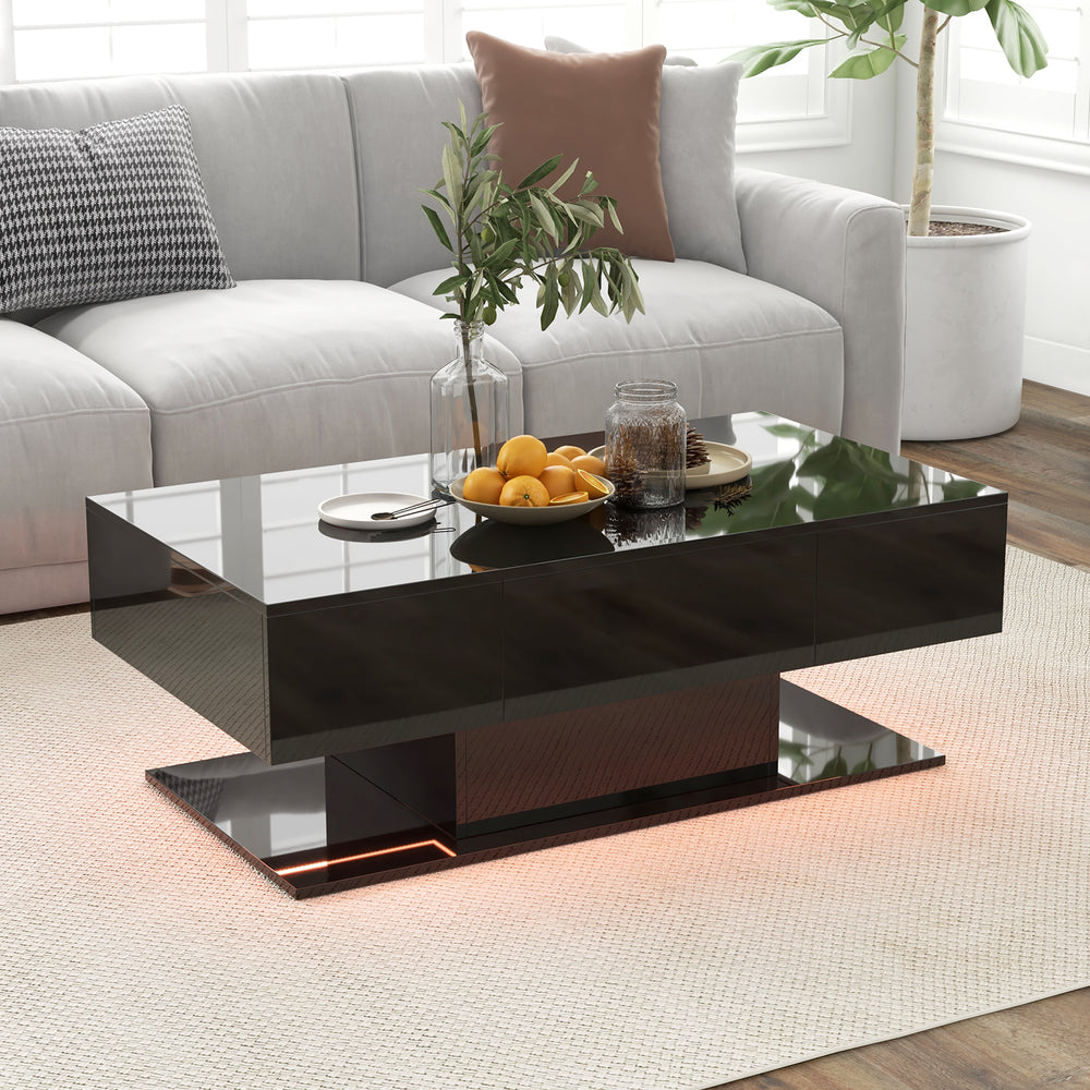Modern black LED coffee table featuring 20 color lights, two storage drawers, and a high-gloss surface for stylish.