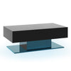 Modern LED coffee table in black with two storage drawers and vibrant adjustable color lights for stylish living room.