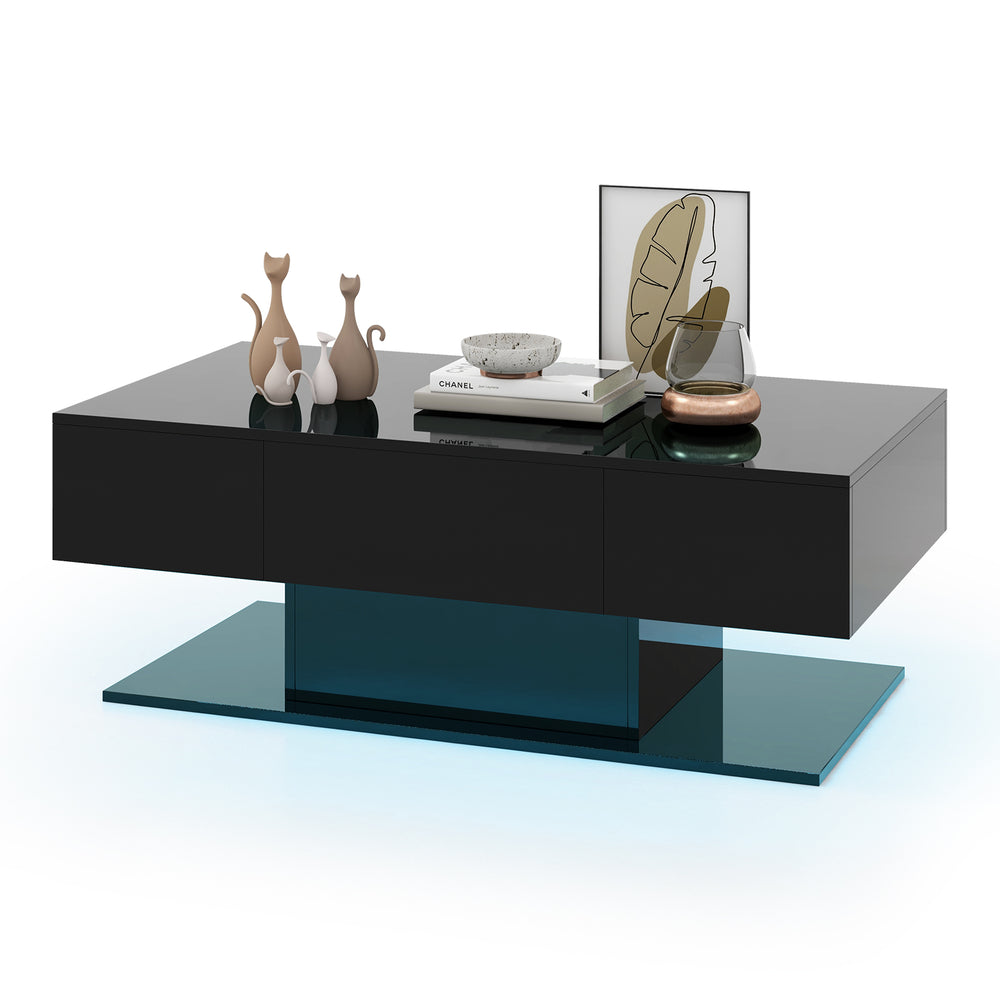 Modern LED coffee table in black with 20 color lights, two storage drawers, and a high-gloss surface for stylish living.
