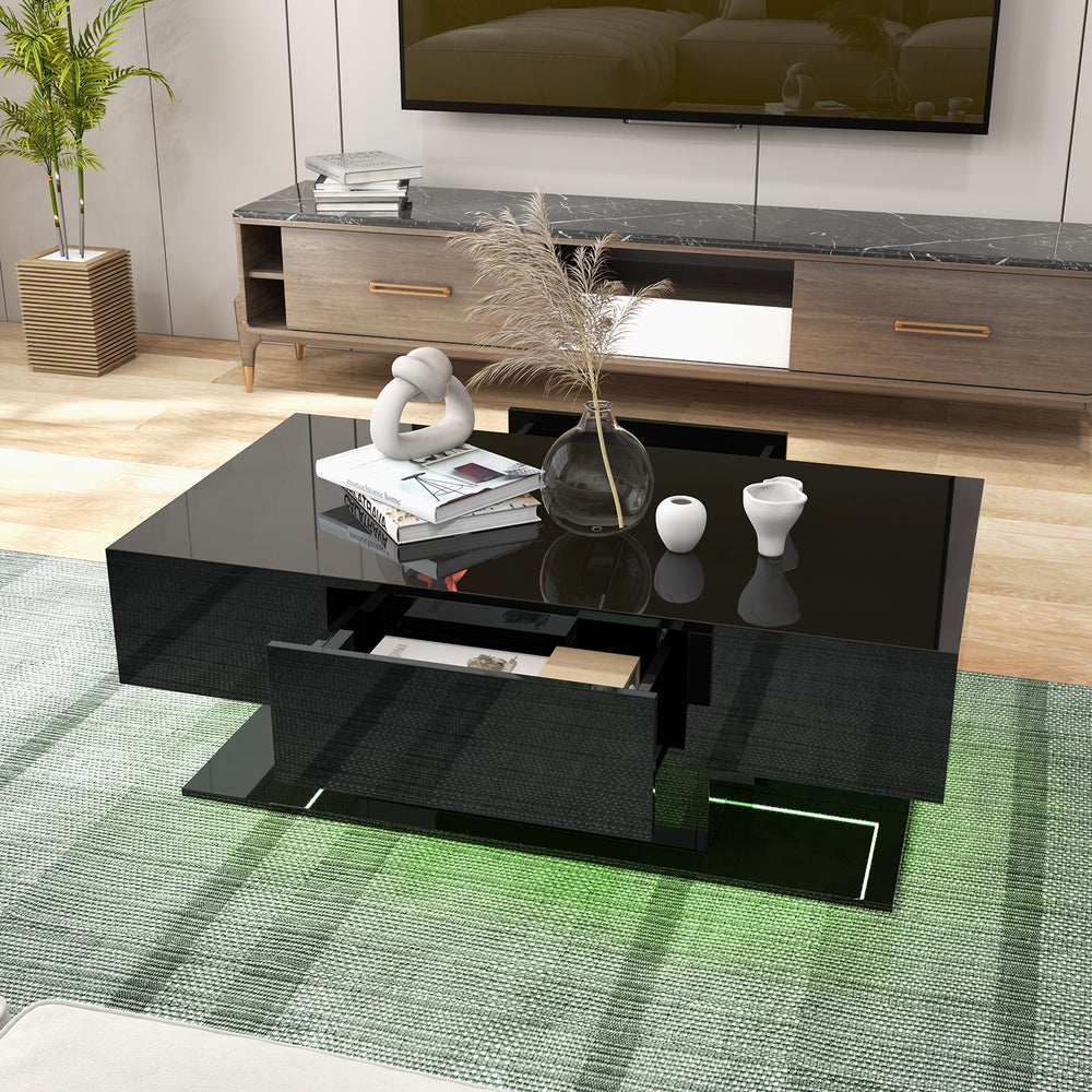 Black modern LED coffee table featuring 20 color lights, two storage drawers, and a high-gloss surface for living room.