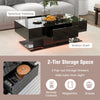 Modern black LED coffee table featuring a spacious tabletop, two pop-out storage drawers, and vibrant ambient lights.