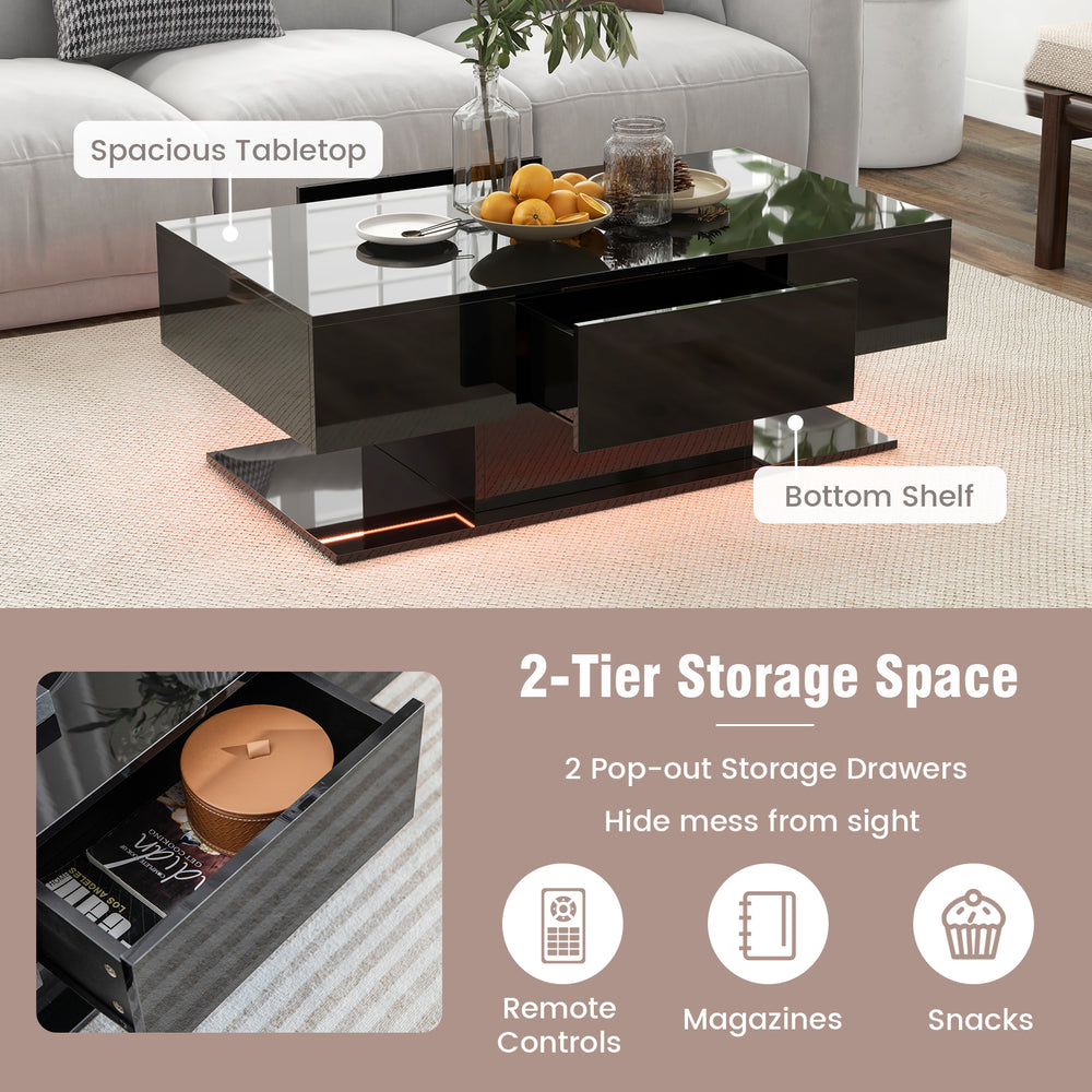 Modern black LED coffee table featuring a spacious tabletop, two pop-out storage drawers, and vibrant ambient lights.