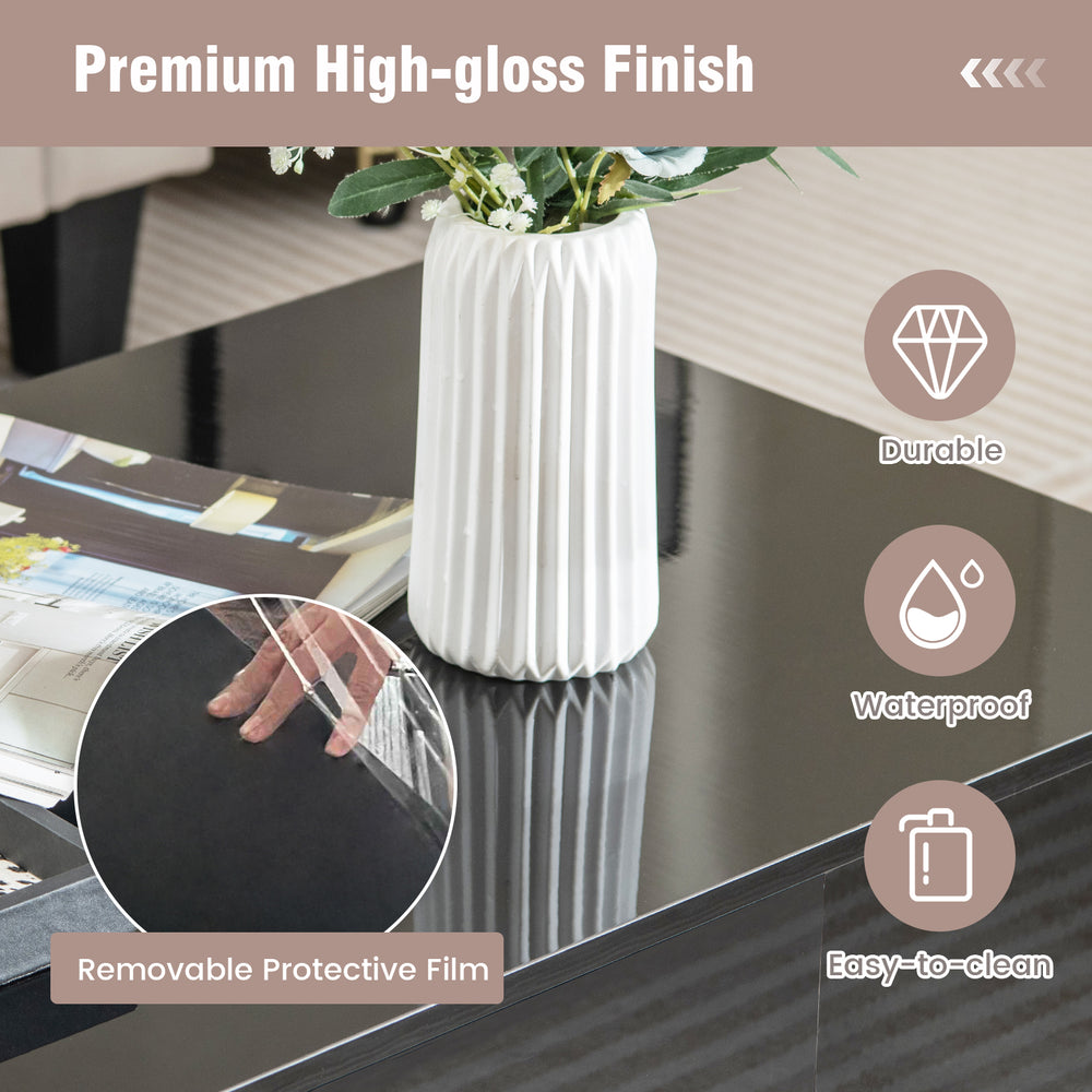Modern LED coffee table with high-gloss black finish, featuring removable protective film and easy-to-clean surface.