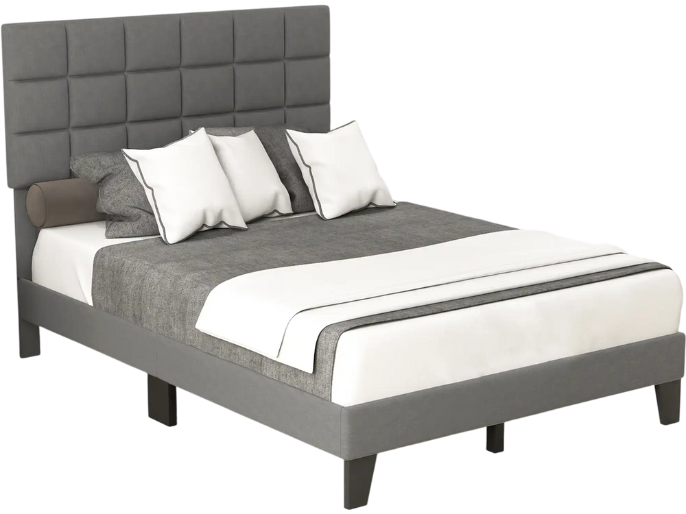 Full size gray linen bed frame with adjustable headboard, featuring exquisite quilting and sturdy slatted platform.