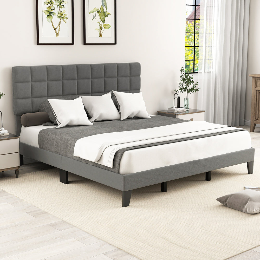 King Size Modern Linen Bed Frame with Adjustable Headboard-Gray - Gallery View 1 of 11
