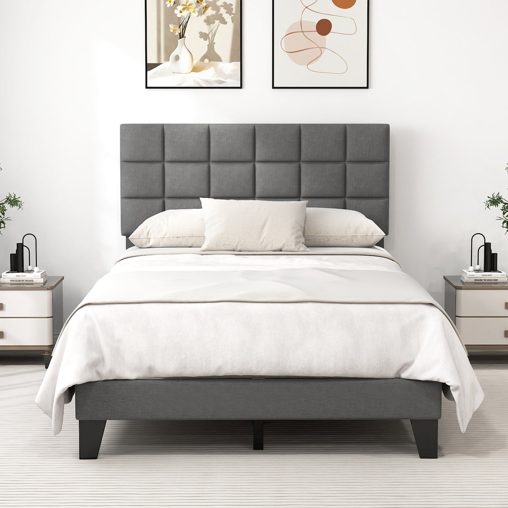 Full size gray linen bed frame with adjustable headboard and exquisite quilting for comfortable support.
