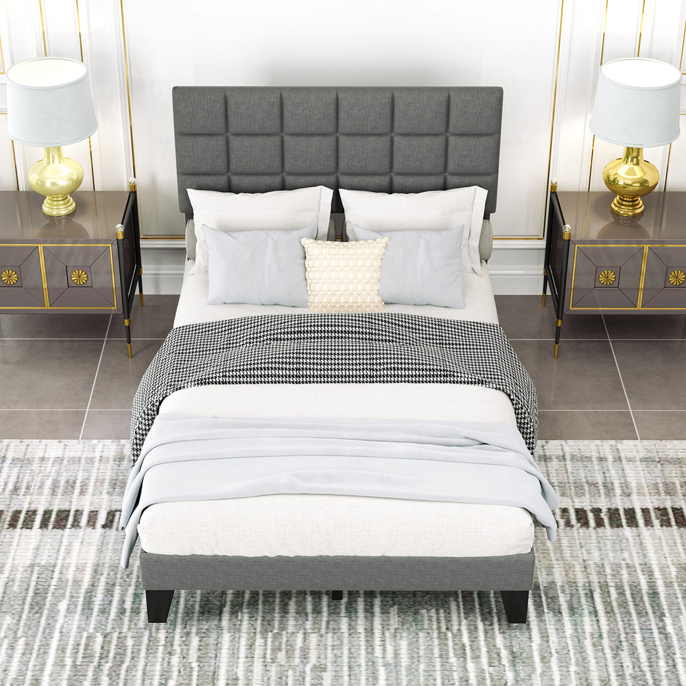 Top view of a full size gray linen bed frame with a plush upholstered headboard and decorative pillows for a stylish.