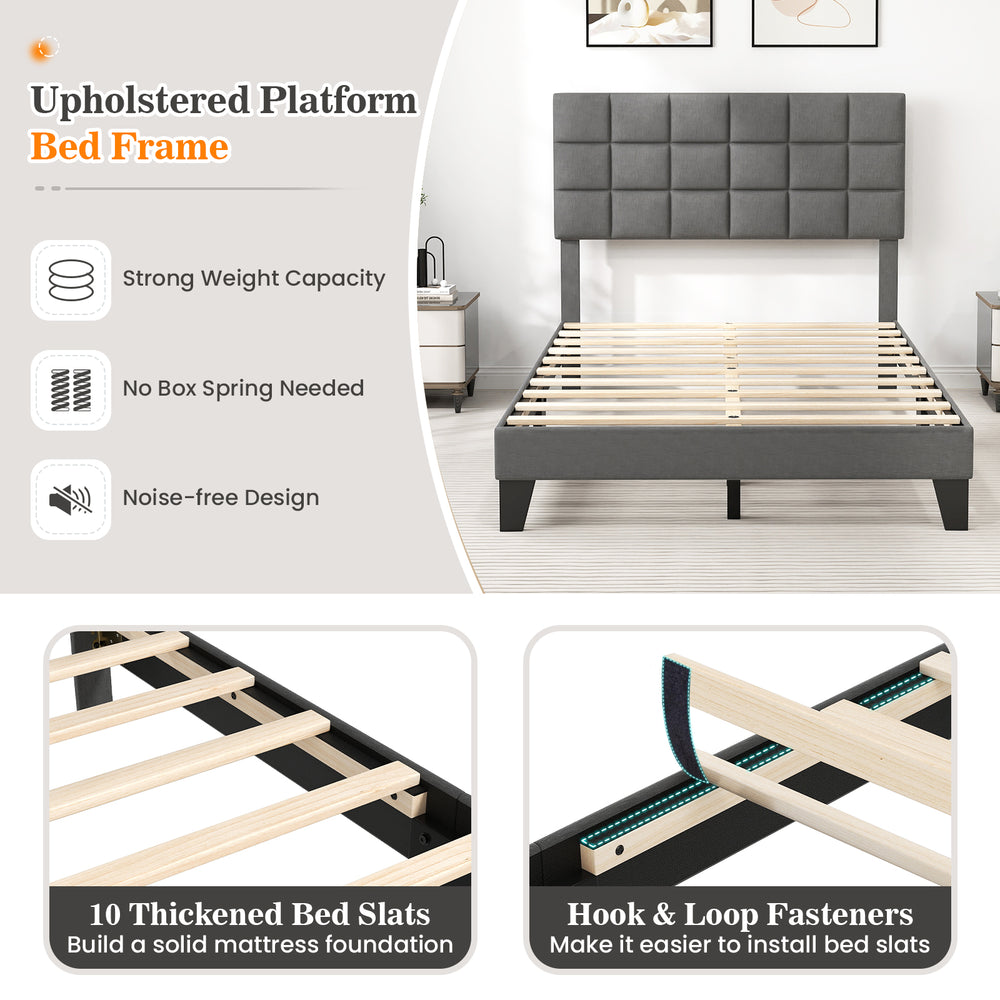 Full size gray upholstered bed frame with adjustable headboard and 10 slats for mattress support, ideal for modern.