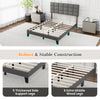 Full size gray linen bed frame with adjustable headboard and robust slatted platform for mattress support.