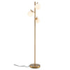Three-globe floor lamp with a gold finish and sturdy base, perfect for modern living room decor.
