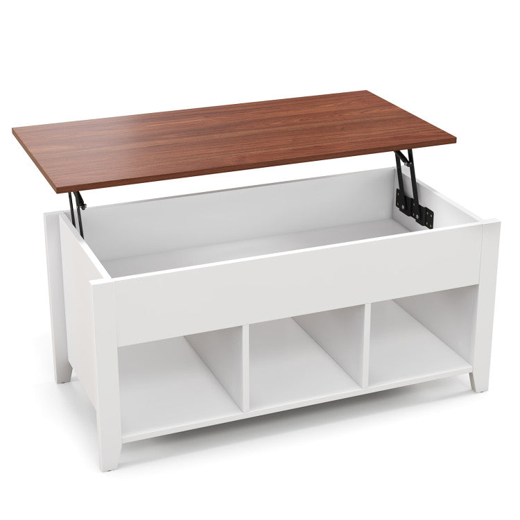 Lift top coffee table in white with a wood finish, featuring storage space and adjustable height for versatile use.